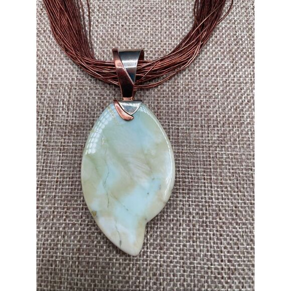 Artisan Green Stone Leaf Pendant Necklace on Copper Multi-Strand Chain - Picture 4 of 10